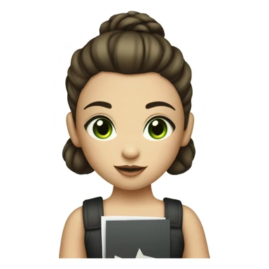 young girl with brunette hair tied up in a high bun and brunette hair, light green eyes  is holding a sign with a big 10 sticker