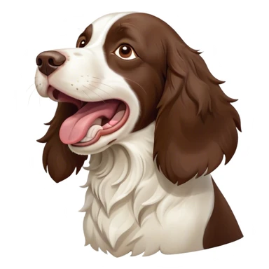 Cinematic Cute Yawning Springer Spaniel Portrait Emoji, Head tilted slightly with a dramatic, wide-open yawn, showcasing a smooth Fur of liver and white with crisp markings, floppy ears slightly drooping, round brown eyes barely open in drowsy contentment, Simplified yet irresistibly adorable features, highly detailed, glowing with a soft, cozy glow, high shine, relaxed yet expressive, stylized with a touch of whimsy, bright and endearing, soft glowing outline, capturing the essence of a sleepy yet affectionate companion, so drowsy it feels like it could stretch right out of the screen and curl up for a nap! sticker