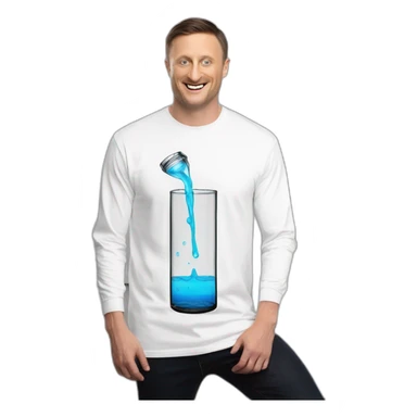 tim robinson dark black slicked back hair white long sleeve t-shirt pouring water from glass onto steak sticker