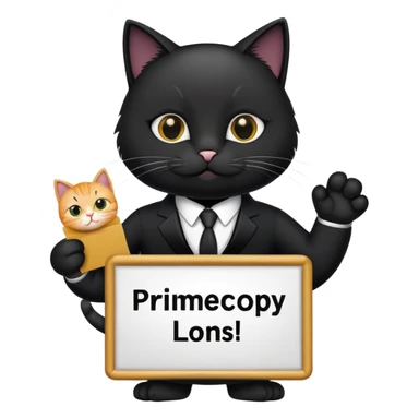 Cat in a black suit holding a sign with the inscription "PrimeCopy" sticker