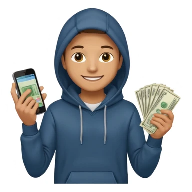 miling young entrepreneur in a hoodie, holding a stack of cash in one hand and a phone in the other, clean emoji style, soft lighting, simple background sticker