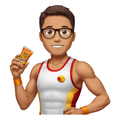 Ironman athletic built wearing a singlet, tan, sutro glasses, half tights, gels for running and loves recess pieces and watching tv but also a social worker sticker
