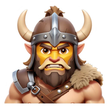 Clash of Clans style: Cinematic Fierce Barbarian Portrait Emoji, Poised and bold with a rugged, cartoonish build in tattered furs and a whimsical horned helmet, bright expressive eyes and a confident smirk, Simplified yet dynamic features, highly detailed, glowing with a vivid, adventurous aura, high shine, heroic and spirited, stylized with an air of medieval warrior charm, focused and energetic, soft glowing outline, capturing the essence of a fearless barbarian adventurer ready to lead his clan with spirited valor! sticker