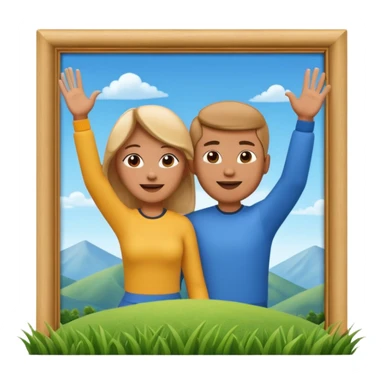 A 3D cartoon couple on top of a hill raising hands in victory, sunny sky and nature background, Memoji-style. inside photo frame. sticker