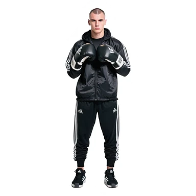 white man with dark hair, dark eyes, buzzcut faded haircut, 100kg boxer, wearing full black clothes, black adidas boxing gloves sticker