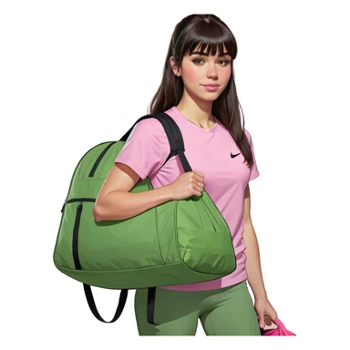 menina morena de franja, com blusa rosa e bolsa rosa da nike de academia sticker