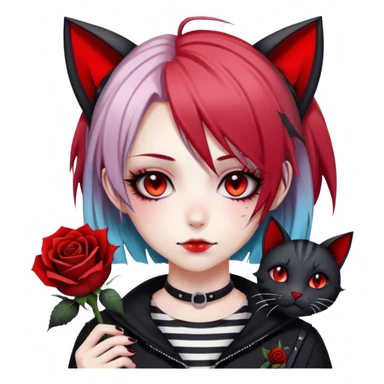 Bloody black rose anime gothic emo  beautiful gorgeous cool edgy cute lady with cat ears, gradient black-and-red-striped hair, tomboy style sticker