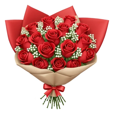 A paper-wrapped bouquet of fresh roses and baby’s breath sticker