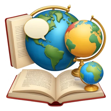 An icon featuring an open book, a speech bubble, and a pen, symbolizing philology and linguistics. The design includes a globe with language characters and grammar symbols, representing the study of languages and literature. Transparent background highlights language analysis. sticker
