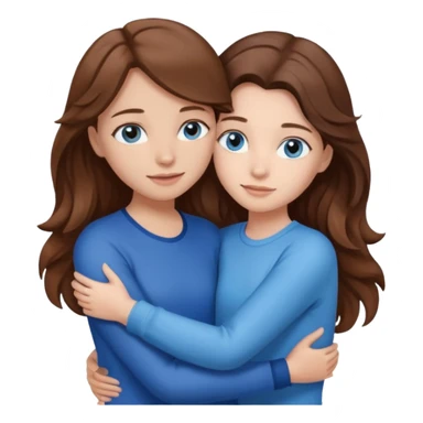 A girl with brown straight hair and blue eyes is hugging a girl with brown wavy hair with blue eyes  sticker