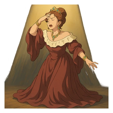 drama queen on stage, spotlight, flowing gown, hand to forehead, ornate jewelry sticker