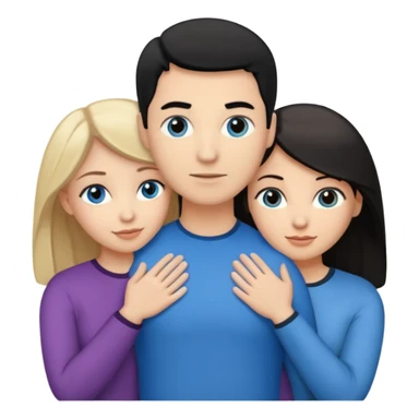 3 people. Throuple. Blank woman with blond hair and blue eye color on left. And also a blank man with black hair and grey eye color in the middle. And a blank woman with brown hair and grey eye color on the right. Holding each other  sticker