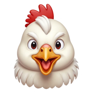 Cinematic Comical White Chicken Portrait Emoji, Head tilted dramatically with an exaggeratedly shocked or amused expression, featuring a sleek, immaculate white plumage with a prominent red comb, wide, expressive beady eyes filled with playful disbelief, Simplified yet hilariously expressive features, highly detailed, glowing with a slightly sassy glow, high shine, dramatic yet playful, stylized with an air of cheeky mischief, bright and endearing, soft glowing outline, capturing the essence of a spirited and over-the-top chicken, so meme-worthy it feels like it could cluck its way into internet fame instantly! sticker