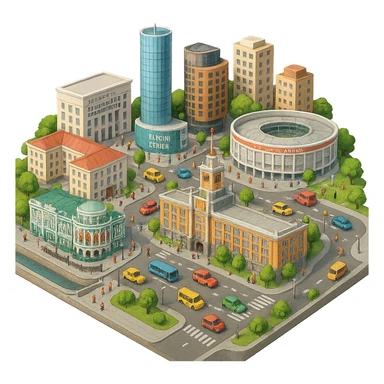 Изометричная миниатюрная фотореалистичная 3D модель Екатеринбурга - Дом Севастьянова, Ельцин-центр, Уральский федеральный университет, дома, Екатеринбург Арена, Медный дом, Здание Свердловского городского совета народных депутатов четкая детализация, яркие цвета, мультяшный реализм, люди, автотранспорт, компактная композиция, вид сверху в изометрии, прозрачный фон sticker