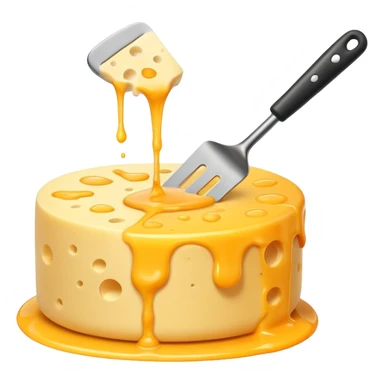 a half vertical wheel of cheese being scraped with a metal spatula, melted cheese flowing, modern emoji style, clean, transparent background sticker