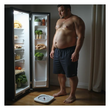 hyperrealistic 4K image of a man in gym clothes looking at his bloated stomach in the mirror, scale reading '75kg' on the floor, open fridge with chicken, rice, broccoli visible sticker