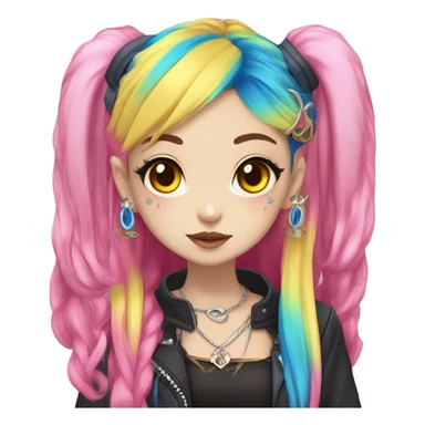 Blue eyed long eye lashes pout blonde and pink hair pale hime gyaru girl, hot pink and yellow split-dyed hair, nose ring, elf ears, dark makeup, punk clothes sticker