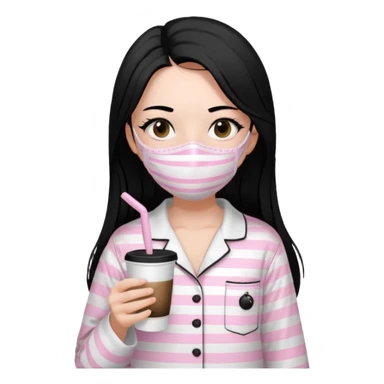 chica de pelo lacio color negro cabellera larga piyama blanca con rayas rosa claras peo no tan claras no oscuras el bordado es negro al igual que los botones )tiene una mascarilla para la carablanca y sostiene y cafe con bolitas nedras al dondo con unsorbete tranparente y es de test blanca  sticker