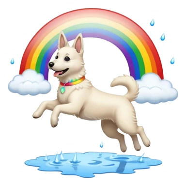 White belgian Shepard jumping Cheerful  over Rain puddles. There is a rainbow in the sky sticker