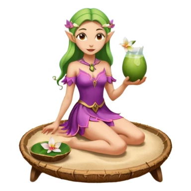 female elf in orchid-petal dress, balancing coconut drink tray. Barefoot on sand sticker