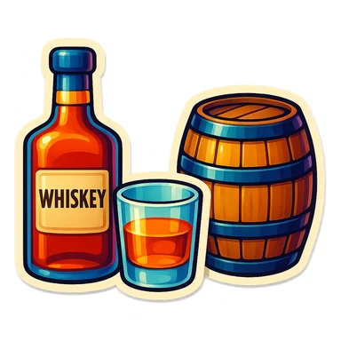 A whiskey tasting set including a bottle, glass, and barrel, with a cohesive vintage design sticker