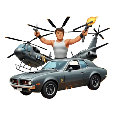 Icon for Action Movie: A vintage movie poster-style design featuring intense action scenes with explosions, weapons, and dramatic poses of Stallone. Include cars and helicopters flying out of flames in the background. Bold typography and retro cinematic style. Transparent background. sticker
