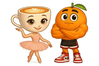 Combine these two cartoon characters as a couple, standing side by side, both standing still and facing forward, matching their style, with a transparent background. The style should harmonize both characters' cartoon appearances. sticker
