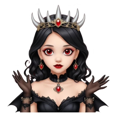Lavish black evening gown with see-through gloves, Jenna Ortega as Addams woman wearing a steampunk mini tiara, very large blood red evil-looking horned old dragon evil eyes  sticker