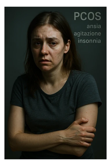 vertical realistic cinematic image of a woman with PCOS, anxiety, agitation, and insomnia evident in face and posture. Clinical dramatic lighting, Italian captions, aspect ratio 2:3 sticker