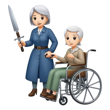 Woman with a knife in one hand, pushing with the other a wheelchair with an old man sticker