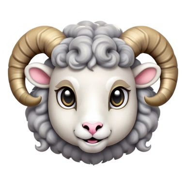 Cinematic Cute Ram Portrait Emoji, Head tilted playfully and inquisitively, featuring a dense, woolly grey fur with charming curled horns, round, sparkling dark eyes filled with curiosity, Simplified yet irresistibly adorable features, highly detailed, glowing with a warm, friendly glow, high shine, affectionate and spirited, stylized with a touch of rugged whimsy, bright and endearing, soft glowing outline, capturing the essence of a mischievous yet loving ram, so playful it feels like it could butt its way out of the screen and into your arms! sticker
