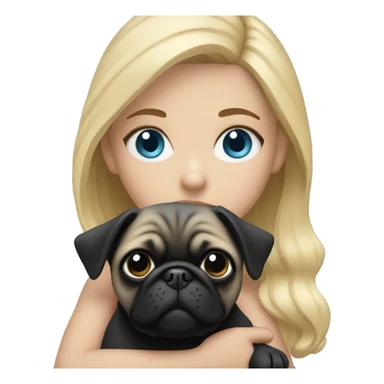 Girl with blonde hair and blue eyes holding a black pug sticker