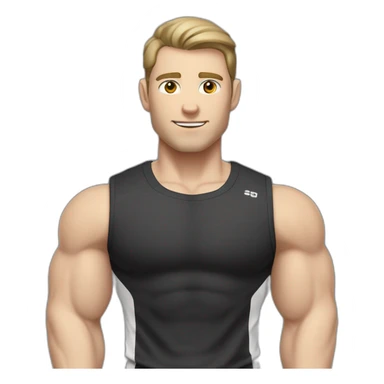 Pale skinned Fit Man With the biceps and dark brown hair in black shirt, gray sports shorts and white Sneakers His right hand near his back of the head sticker