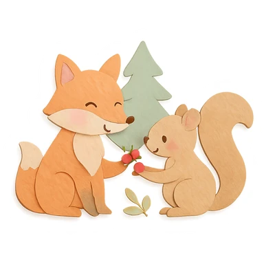 fox and squirrel sharing berries, forest friendship scene, soft pastel colors, paper-craft style sticker