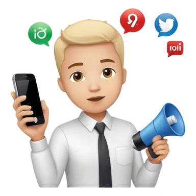 Emoji of a marketing professional: stylish look, holding a phone or megaphone, surrounded by social media icons or a growth chart sticker