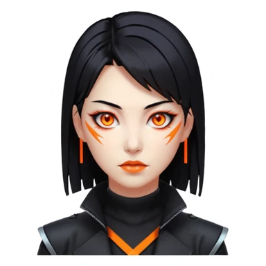 Cyberpunk Japanese woman, mid-50s looking young, sharp features, sleek black hair, glowing orange eyes, vengeful expression, neon highlights. sticker