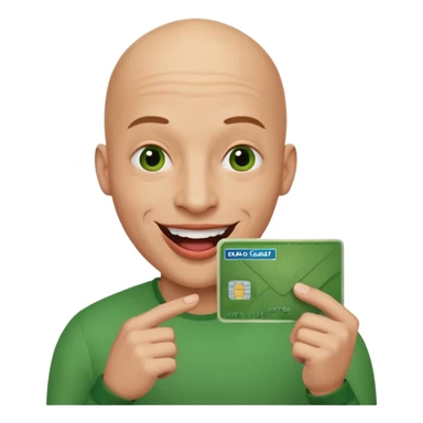 Bald man smiling with huge lips holding a green card  sticker