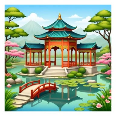 Oriental palace garden with pavilion and pond sticker