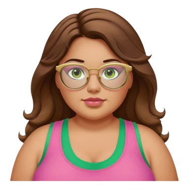 Baddie bratz girl with middle parted long wavy brown hair. green eyes. Plus size. pink tank top. Gold rimmed glasses sticker