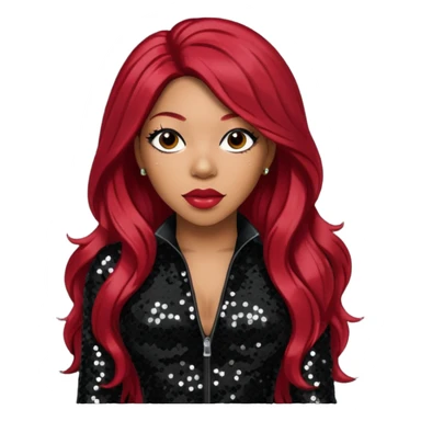 K. Michelle with long dark red hair, black sequin outfit sticker