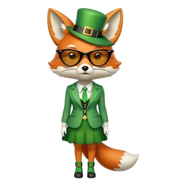 serious anthropomorphised female fox in stylish St. Patrick's Day outfit with sunglasses, looking sad and alone, full-body view sticker