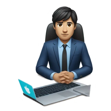 memoji of a young man with a laptop in front, apple-style, on laptop with a blue sticker with 4 letters: "WYZE", modern, dark hair, dark blue suit, computer in hand, chinese skin, sitting on this desk sticker
