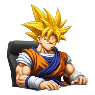 Dragonball goku sitting on his desk coding with the Rockies mountain in the background sticker