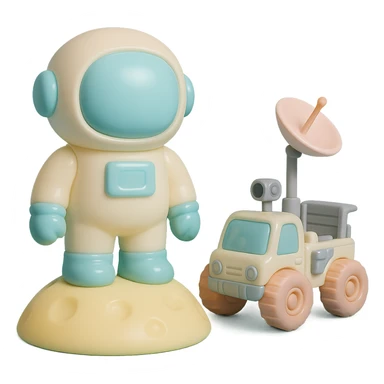 Add a detailed moon rover next to the vinyl figure style astronaut standing on the moon, keep the lunar surface details and original style sticker