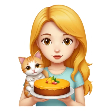 Beautiful girl holding a mango cake and a kitten sticker