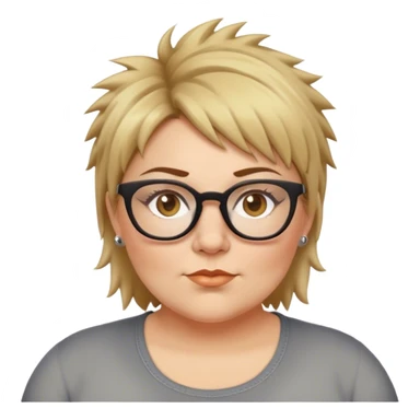  plus size white women with short light brown and blonde shaggy spiked hair wearing glasses with hazel color eyes and flat nose sticker