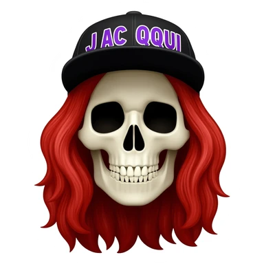 Create a skeleton head wearing a black baseball cap that says " J A C Q U I " in purple, and white lettering, with long red hair sticker