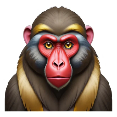 Cinematic Noble Mandrill baboon Portrait Emoji, Poised and regal, with a striking, powerful build and a vivid, deep-set soulful eyes, Simplified yet sharp and sophisticated features, highly detailed, glowing with a vibrant, dignified glow, high shine, intelligent and commanding, stylized with an air of exotic majesty, focused and attentive, soft glowing outline, capturing the essence of a watchful and confident primate, so majestic it feels as though it could step out of the screen with effortless authority! sticker