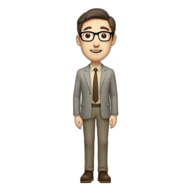 Full height Pale skinned Fit Man With dark brown hair in gray jacket, beige office shirt, tie, Brown pants and vintage glasses. Thrumbs of his palms directed up sticker