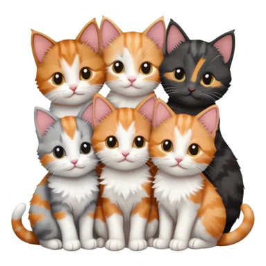 6 tiny kittens cuddling together all different colours, the first one is grey and white, the second is ginger and white and the third is brown tabby and white sticker